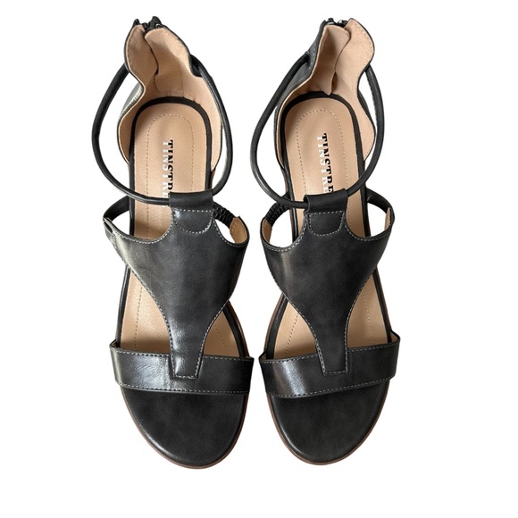 TINSTREE Women's Wedge Comfort Sandal Ankle T-Strap Back Zip Gunmetal Leather  9 - Picture 2 of 14